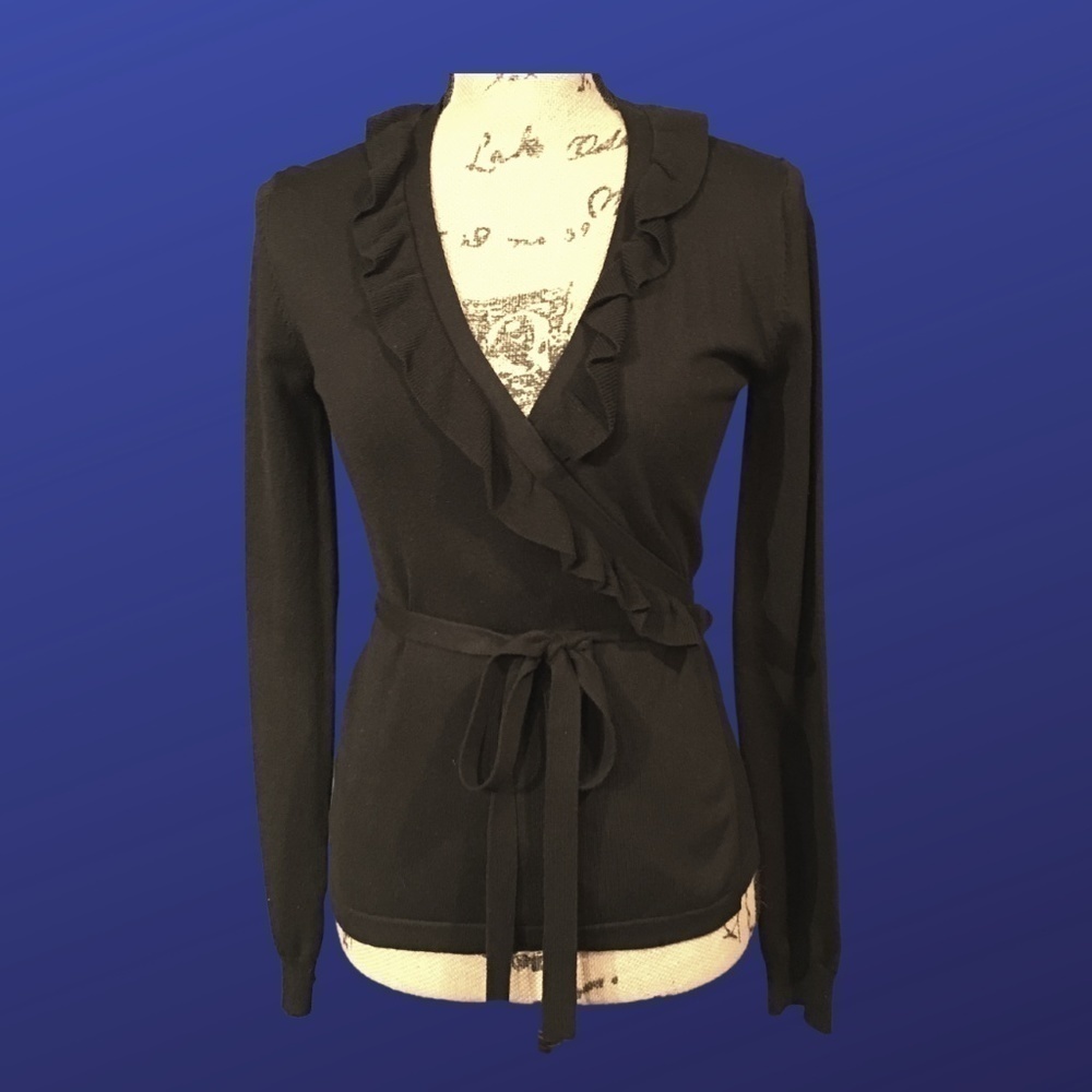 BCBG MAX AZRIA Deep V-Neck TRUE WRAP Cardigan, Women’s Size S, BLACK, NWOT